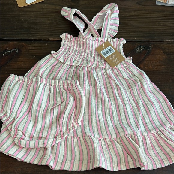 Angel dear Striped Pink, green and White Baby Dress with Bloomers - Picture 1 of 3